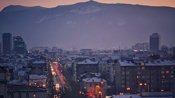 Un paisaje urbano con edificios y una montaña al fondo.