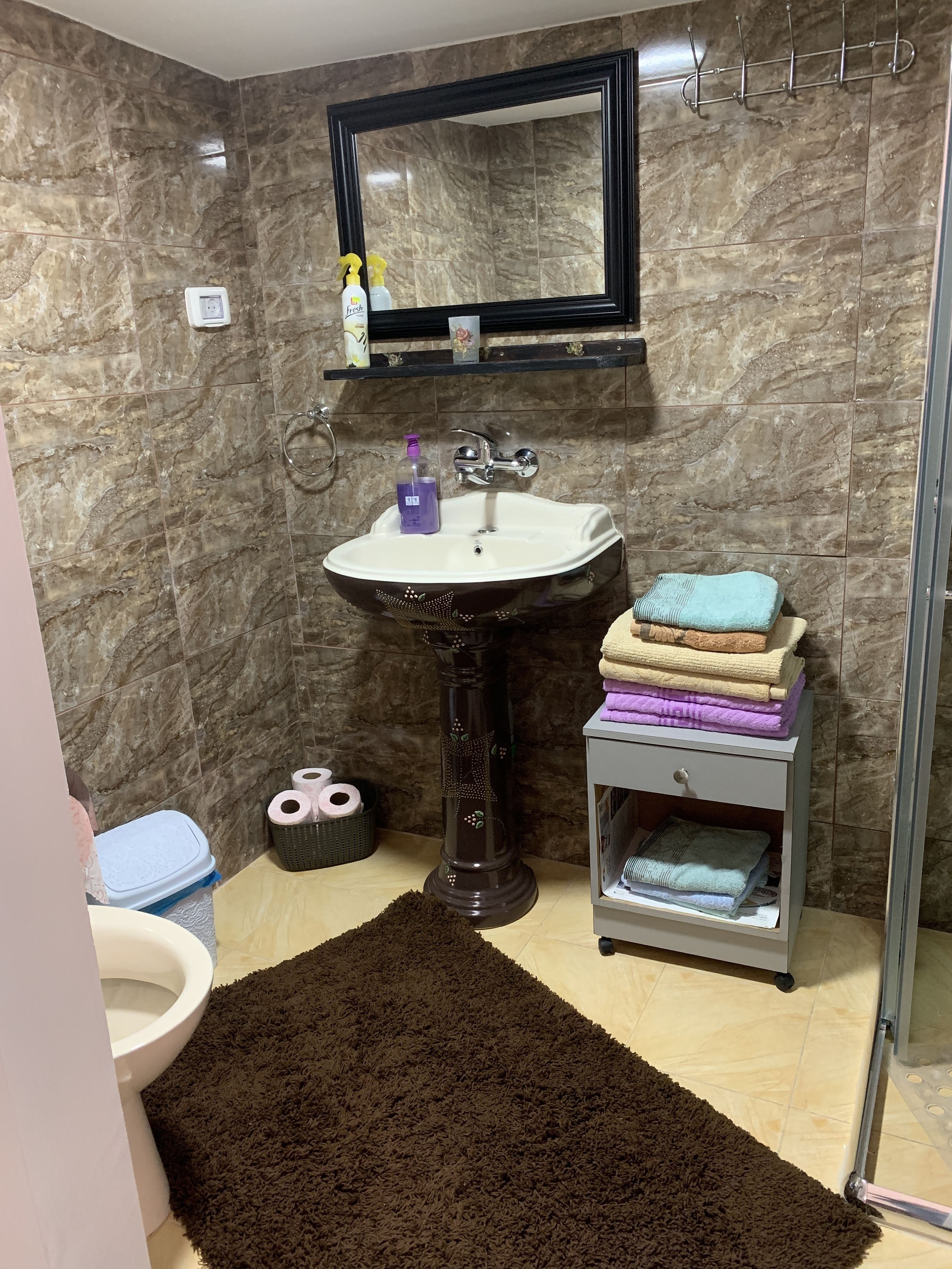 A bathroom with a pedestal sink, a mirror above it, a towel rack, and a small shelf with toiletries.