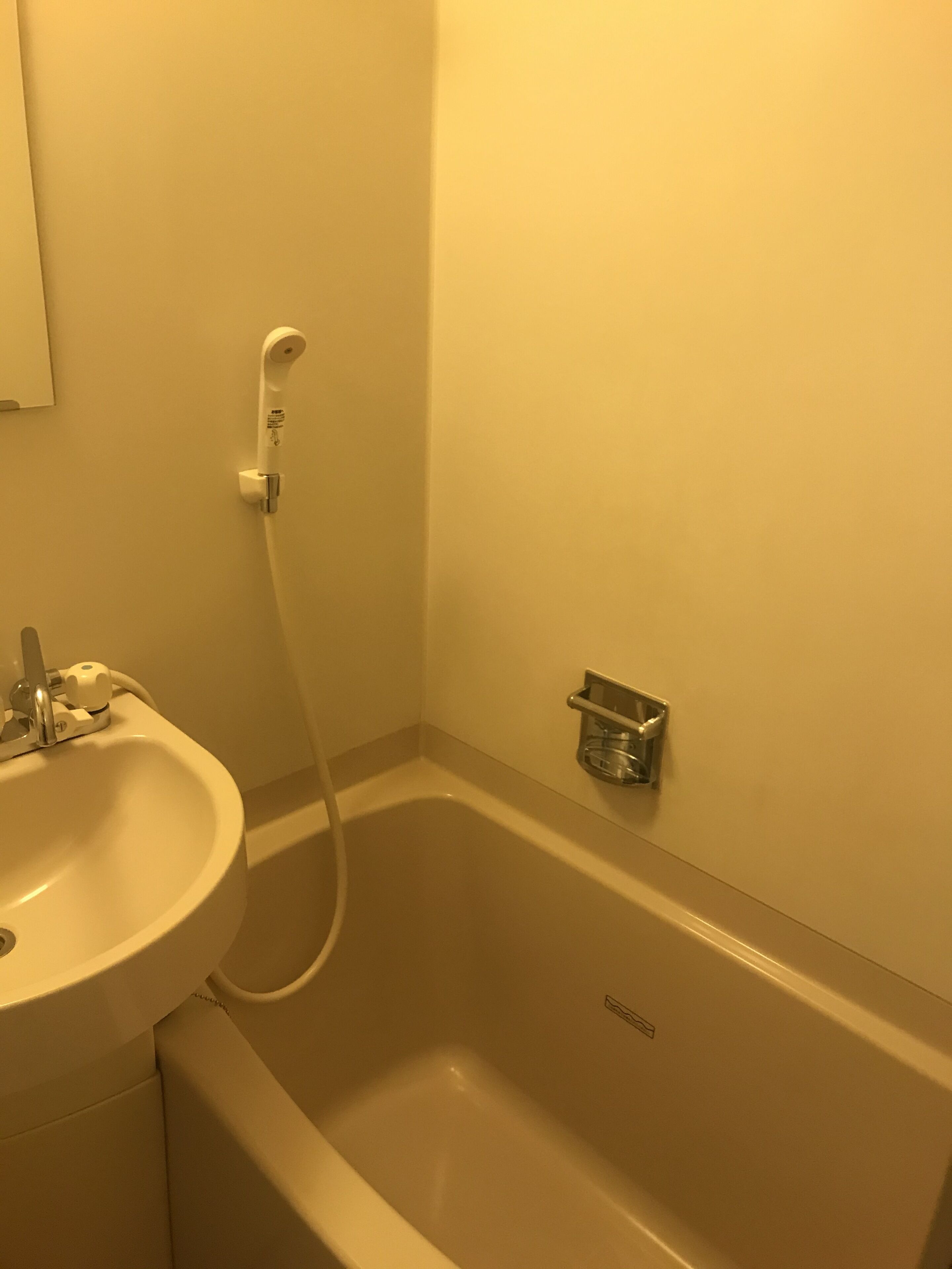 A bathroom with a sink, a shower, and a small shelf.