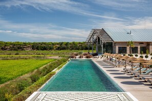 Piscina externa, funciona das 11h às 19h, espreguiçadeiras