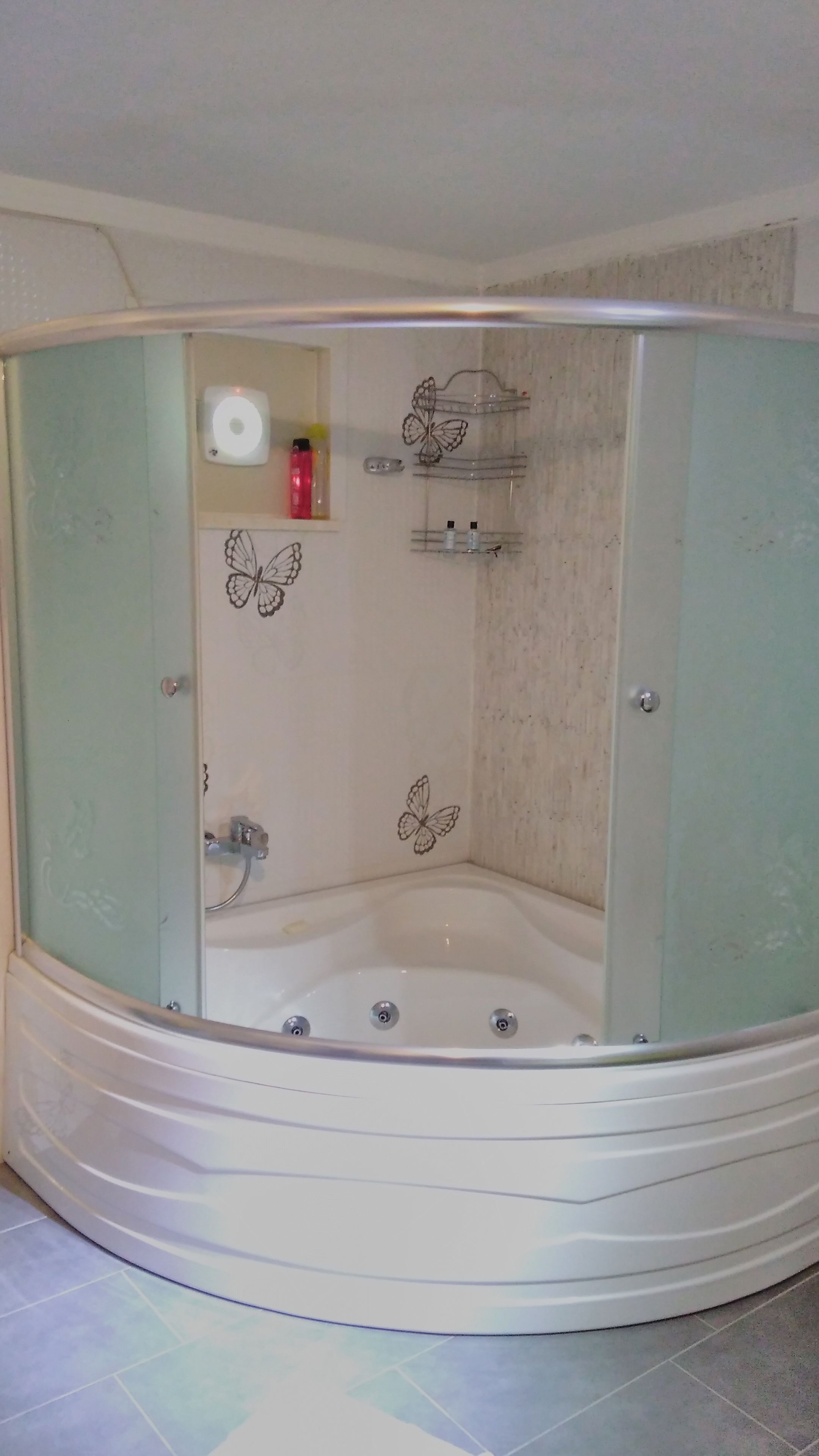 Un baño en esquina con ducha de vidrio, bañera y retrete.