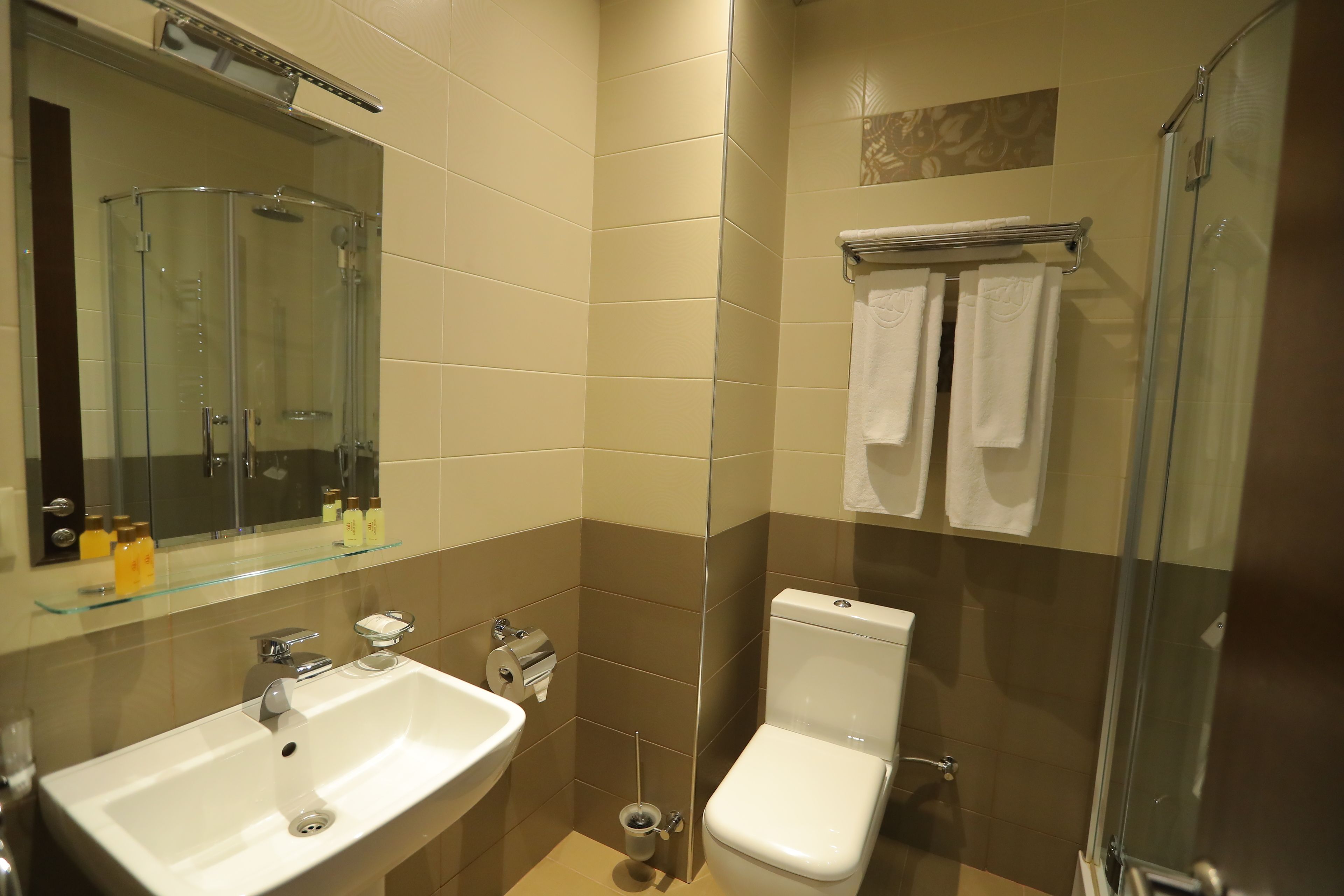 Une salle de bain moderne avec une douche à parois de verre, un lavabo blanc et des toilettes.