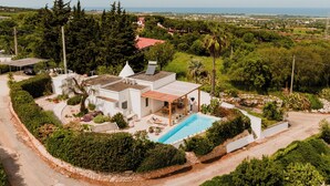 Una casa moderna con piscina, rodeada de exuberante vegetación y vistas despejadas al mar.