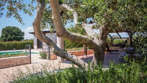 A pool area with a pergola and outdoor seating. - TD Casale Del Vento in the Countryside with Pool (Monopoli)