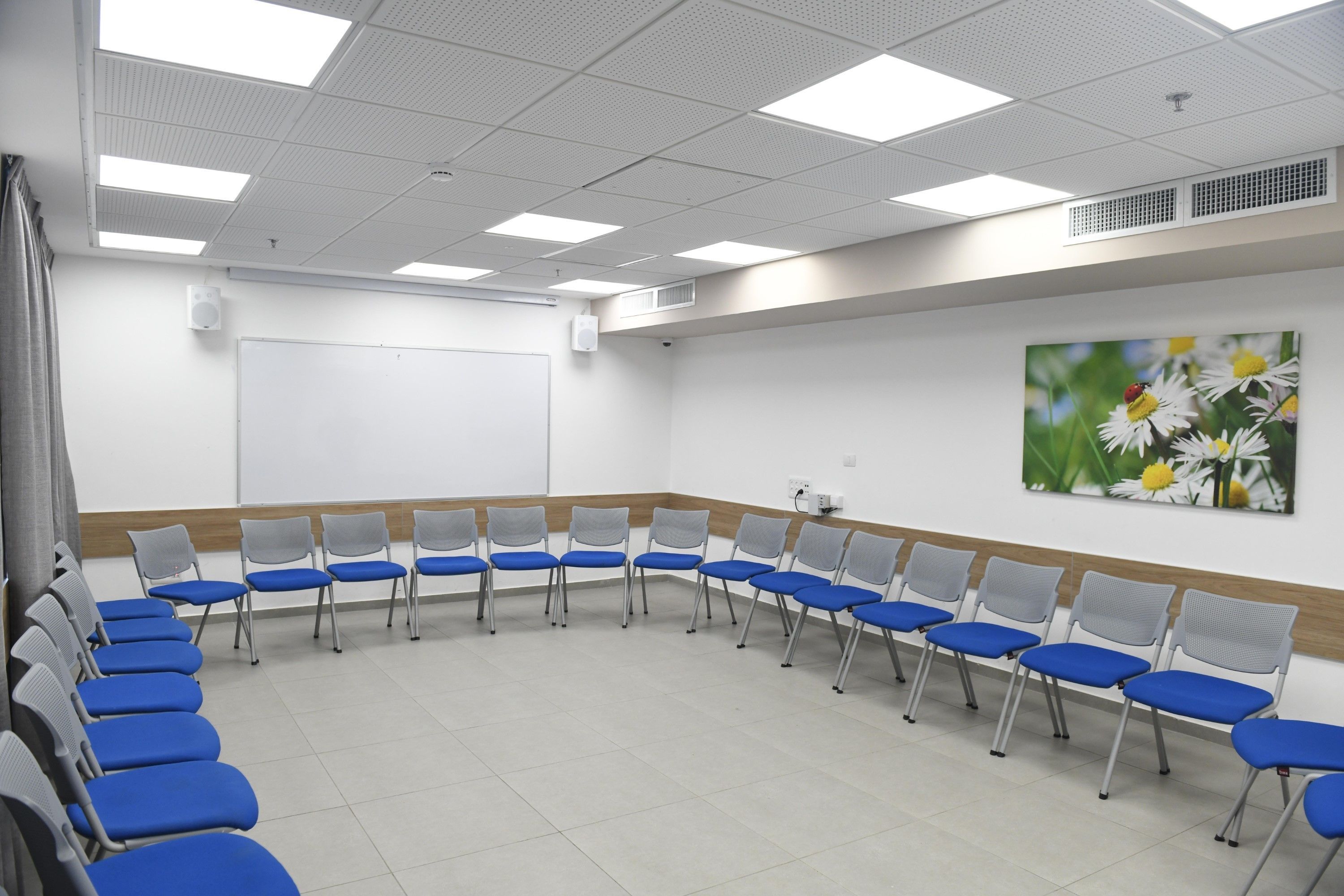Un salón de conferencias con una pizarra, sillas azules y grises y un cuadro con motivos florales en la pared.