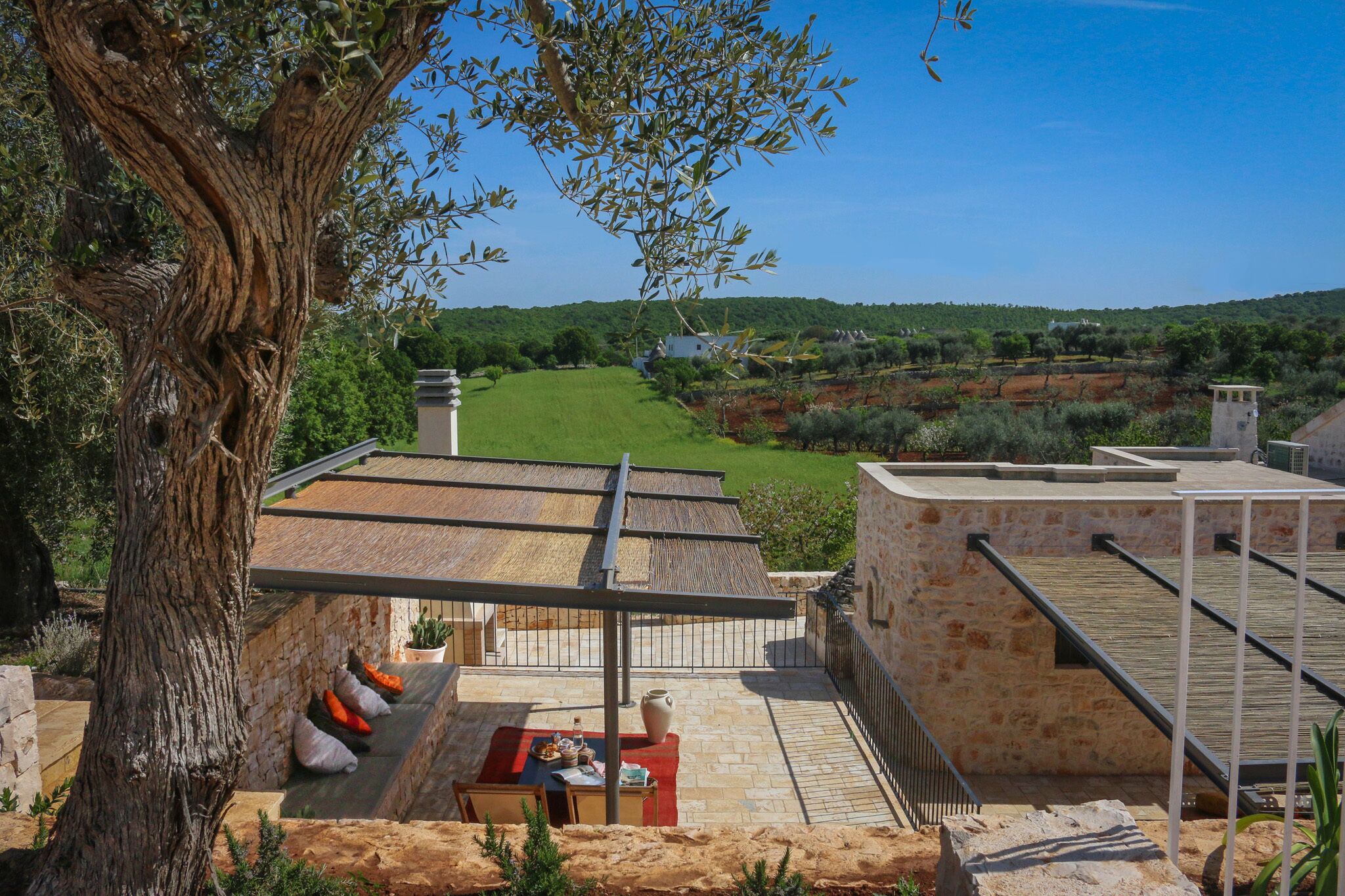Una terraza en la azotea con vistas a un paisaje verde, un árbol y un muro de piedra.