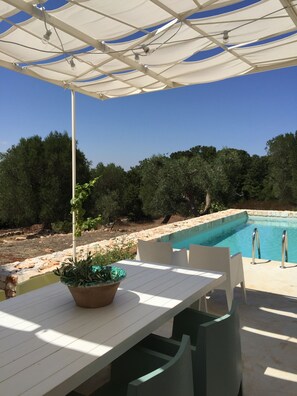 Außenpool (je nach Saison geöffnet), Sonnenschirme, Liegestühle