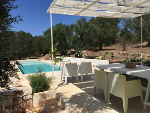 A poolside area with a covered patio, outdoor seating, and a view of the pool and surrounding trees.