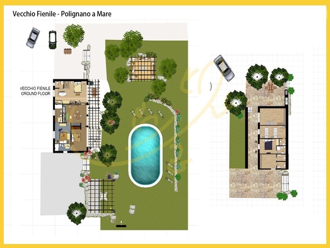 En villa med ett bottenplan och ett separat sällskapsutrymme, inklusive en swimmingpool och en trädgård.