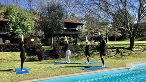 Three people practicing yoga on mats near a swimming pool.