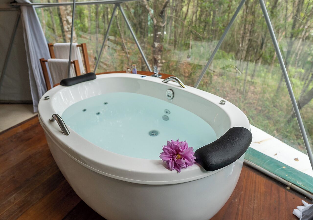 A white bathtub with a glass panel, a black seat, and a purple flower on the edge.