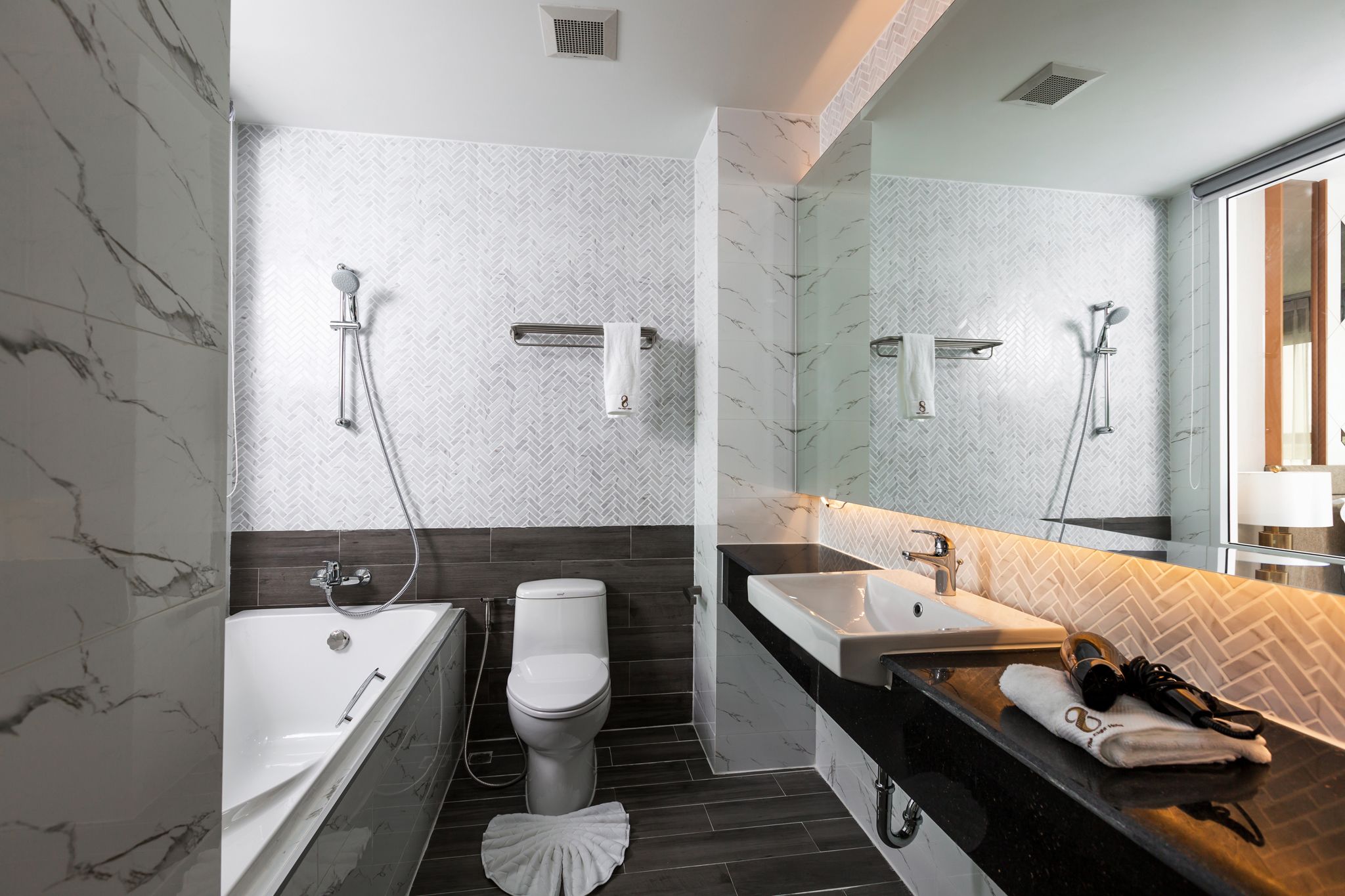 free toiletries, hair dryer, slippers, towels