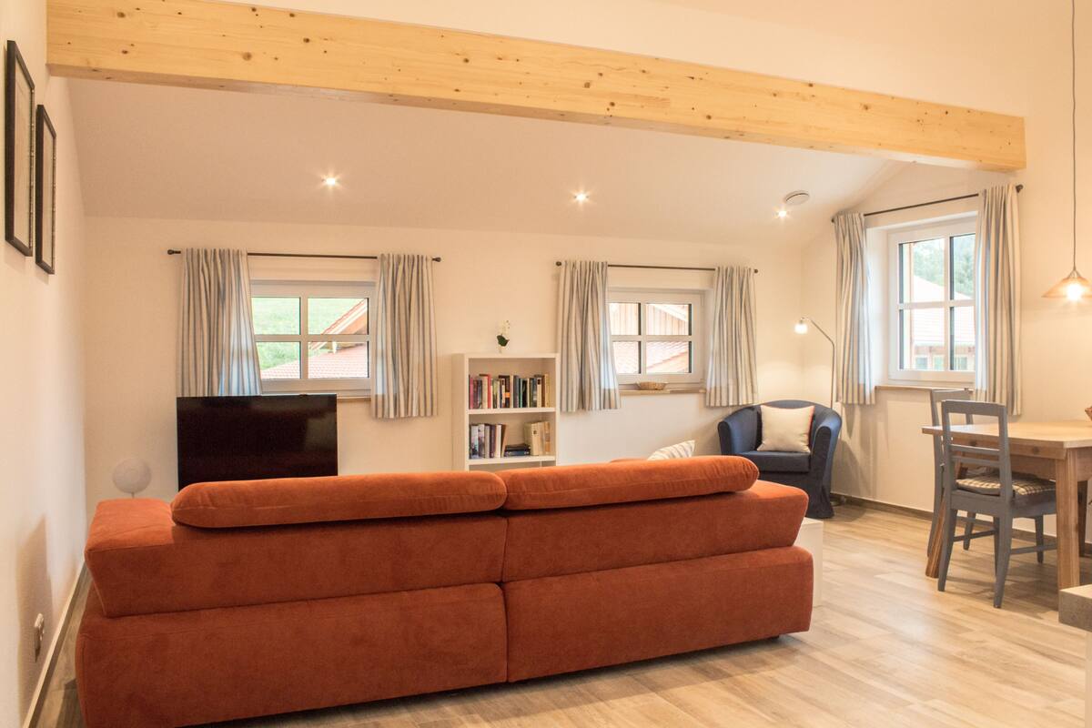 A modern living room with a sofa, a television, a bookshelf, and a dining area with a table and chairs.