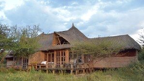 Une maison rustique à toit de chaume, dotée d’une terrasse en bois et d’une grande fenêtre.