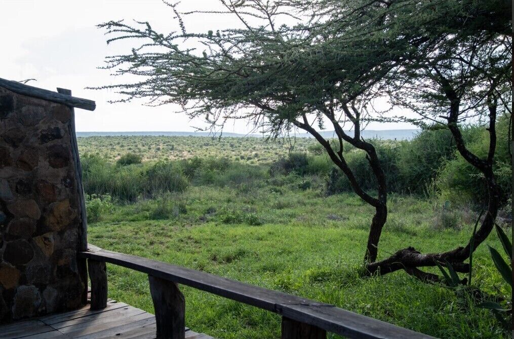 A stone building with a wooden deck, overlooking a grassy field with sparse trees.