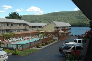 Outdoor pool, pool umbrellas, pool loungers