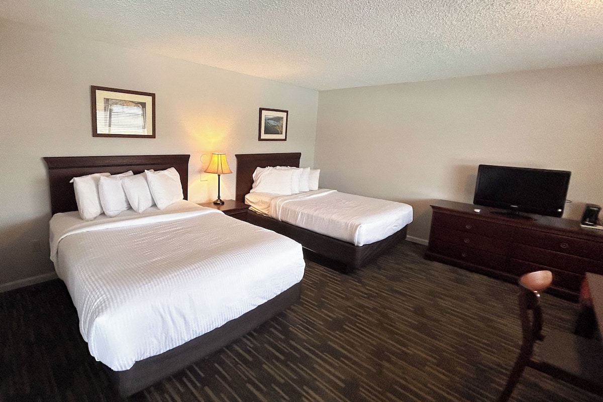 Habitación de hotel con dos camas, televisión, escritorio y lámpara.