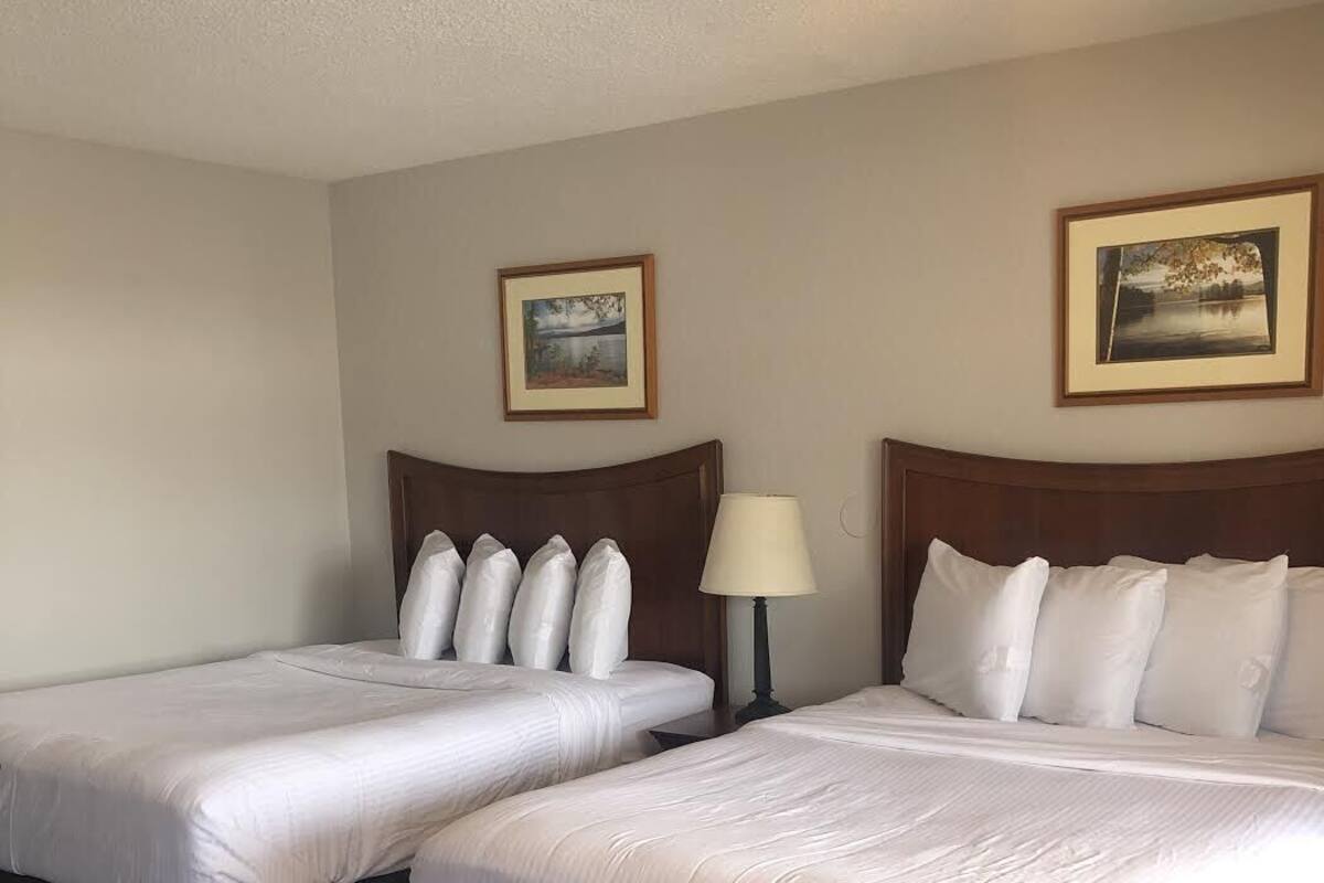 Habitación de hotel con dos camas, una mesita de noche con lámpara y dos cuadros en las paredes.