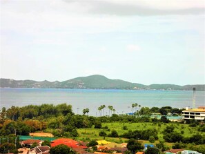 A coastal landscape with a view of the sea and hills in the distance.