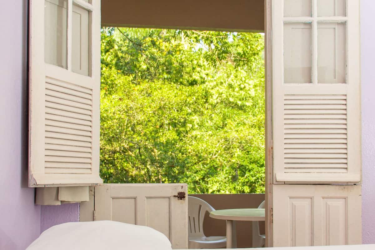 Une chambre avec deux lits, une fenêtre avec des volets et une vue sur la verdure.