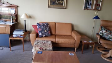 Flat-screen TV, DVD player, books, video library