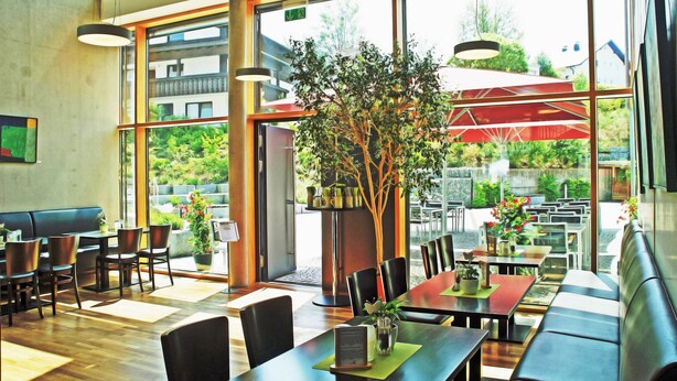 A modern restaurant with indoor and outdoor seating, large windows, and a central tree. - Ökölogisches Bildungszentrum Kultiviert (Wildpoldsried)