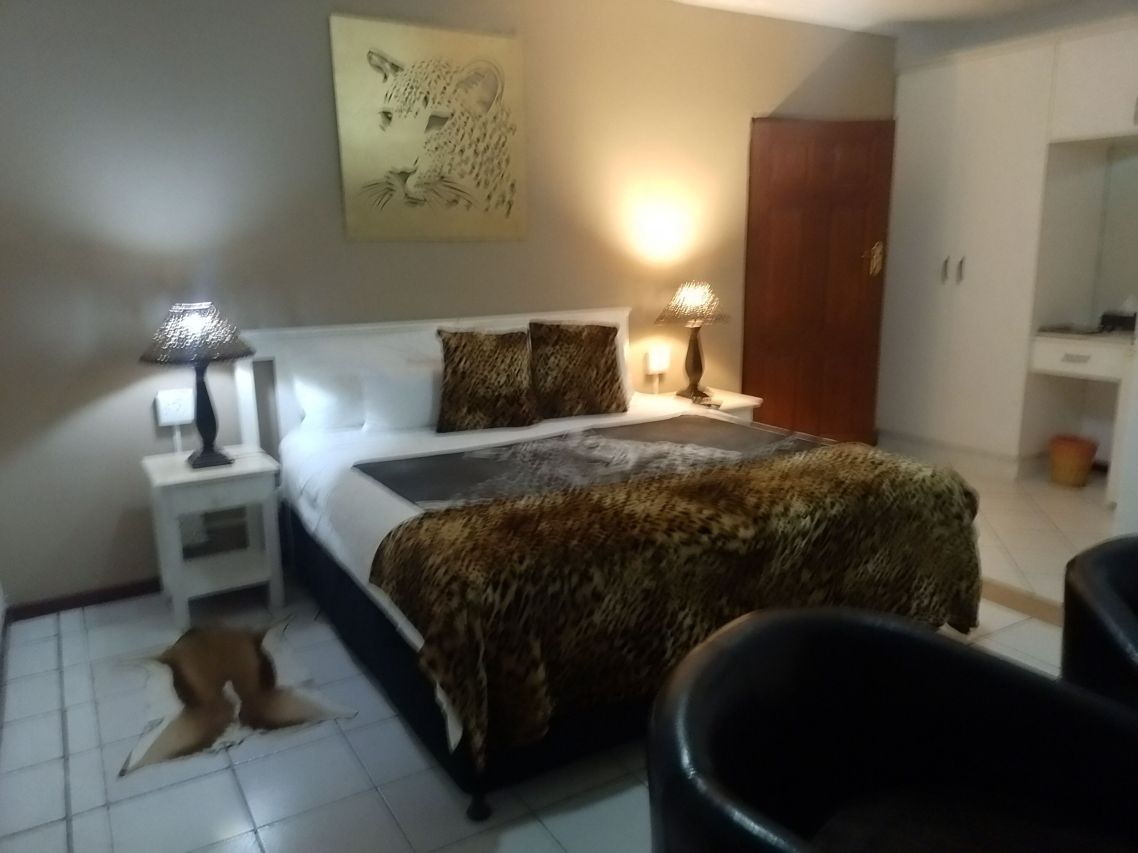 A bedroom with a bed, two bedside lamps, a leopard print throw, a mirror, and a wardrobe.