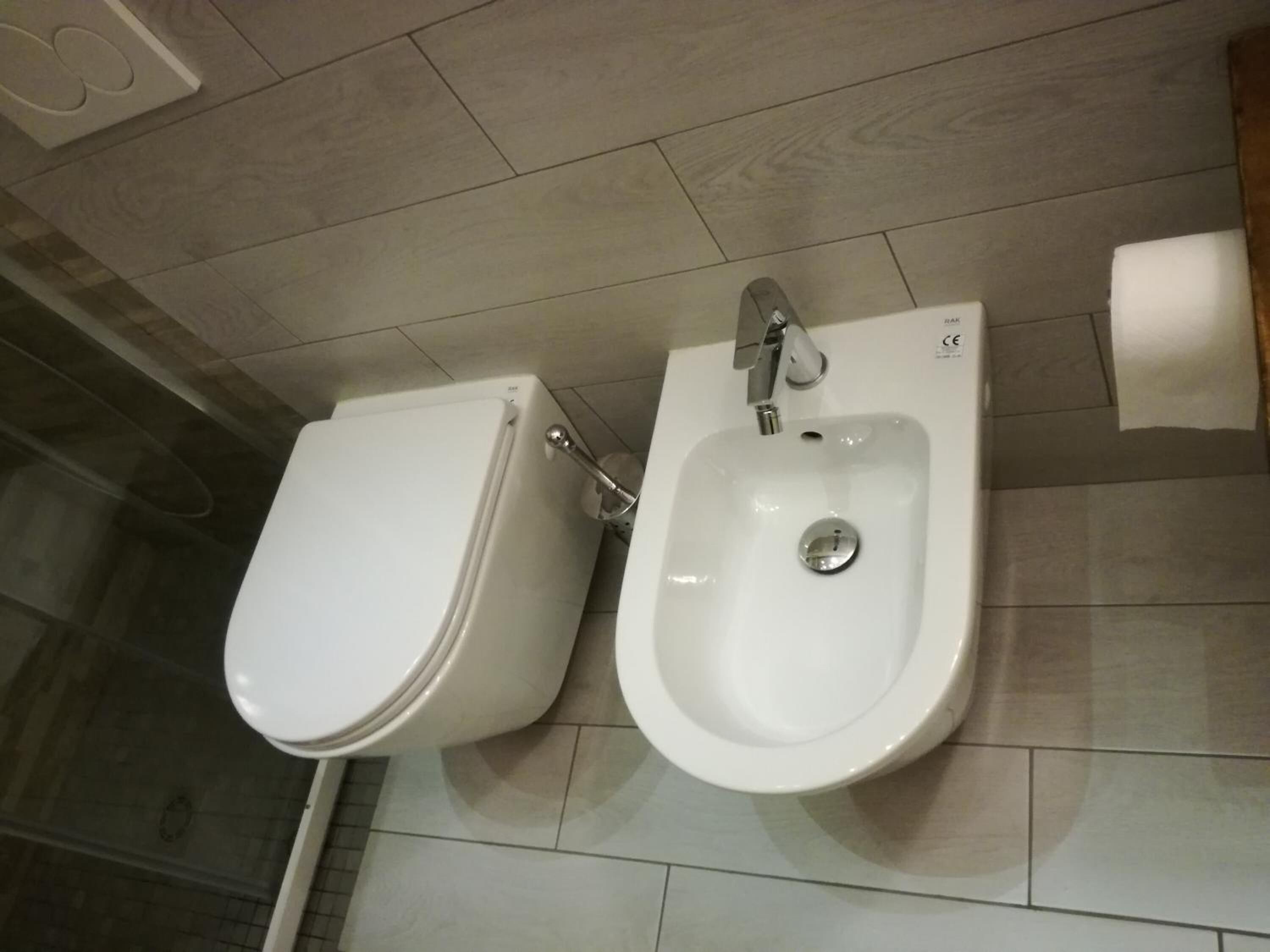 Une salle de bain avec des toilettes et un bidet.
