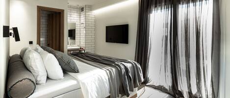 A modern bedroom with a bed, a TV, and a shower area.