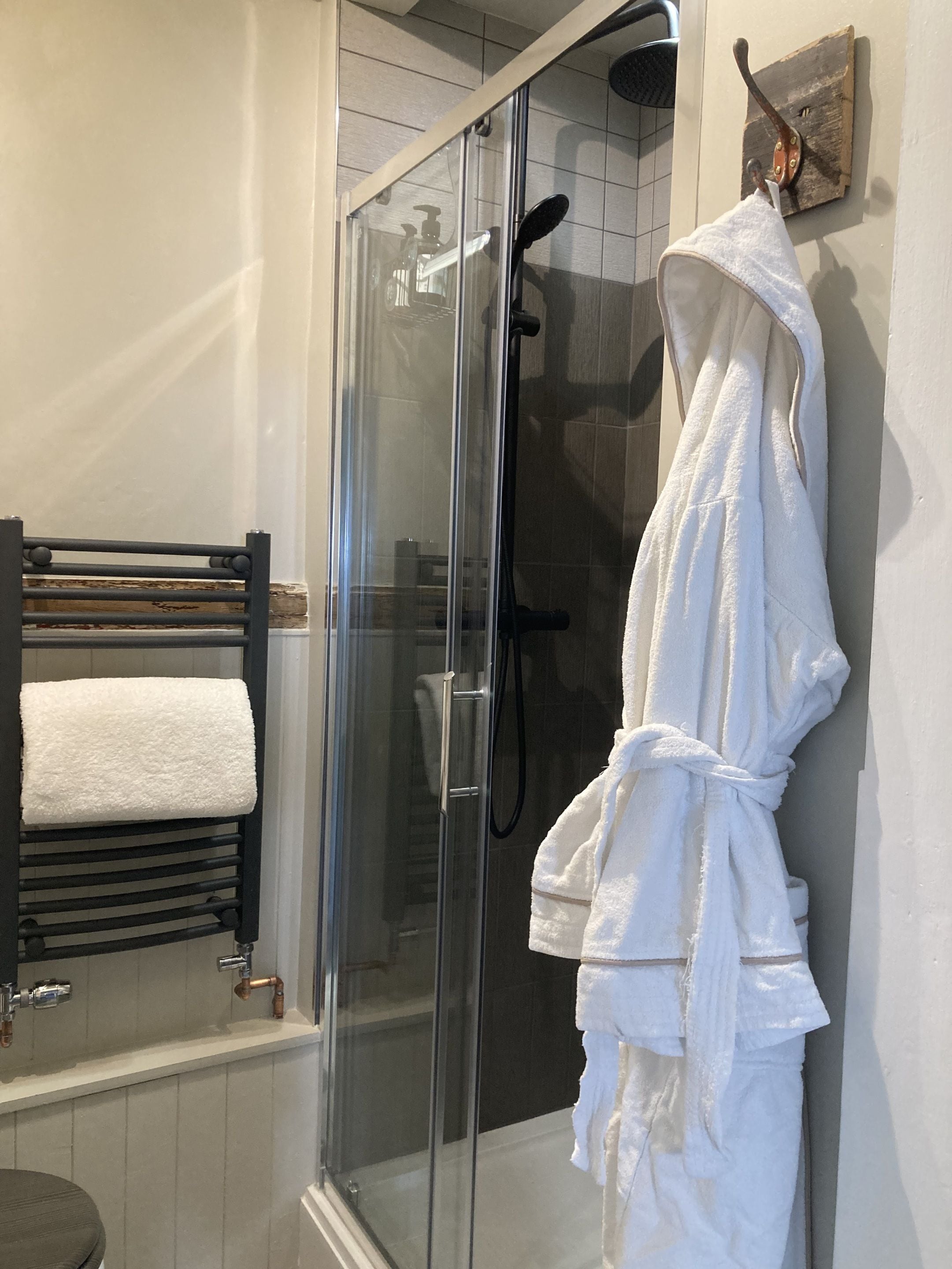 A glass-enclosed shower with a handheld showerhead, a towel rack with a white towel, and a white robe hanging on the wall.