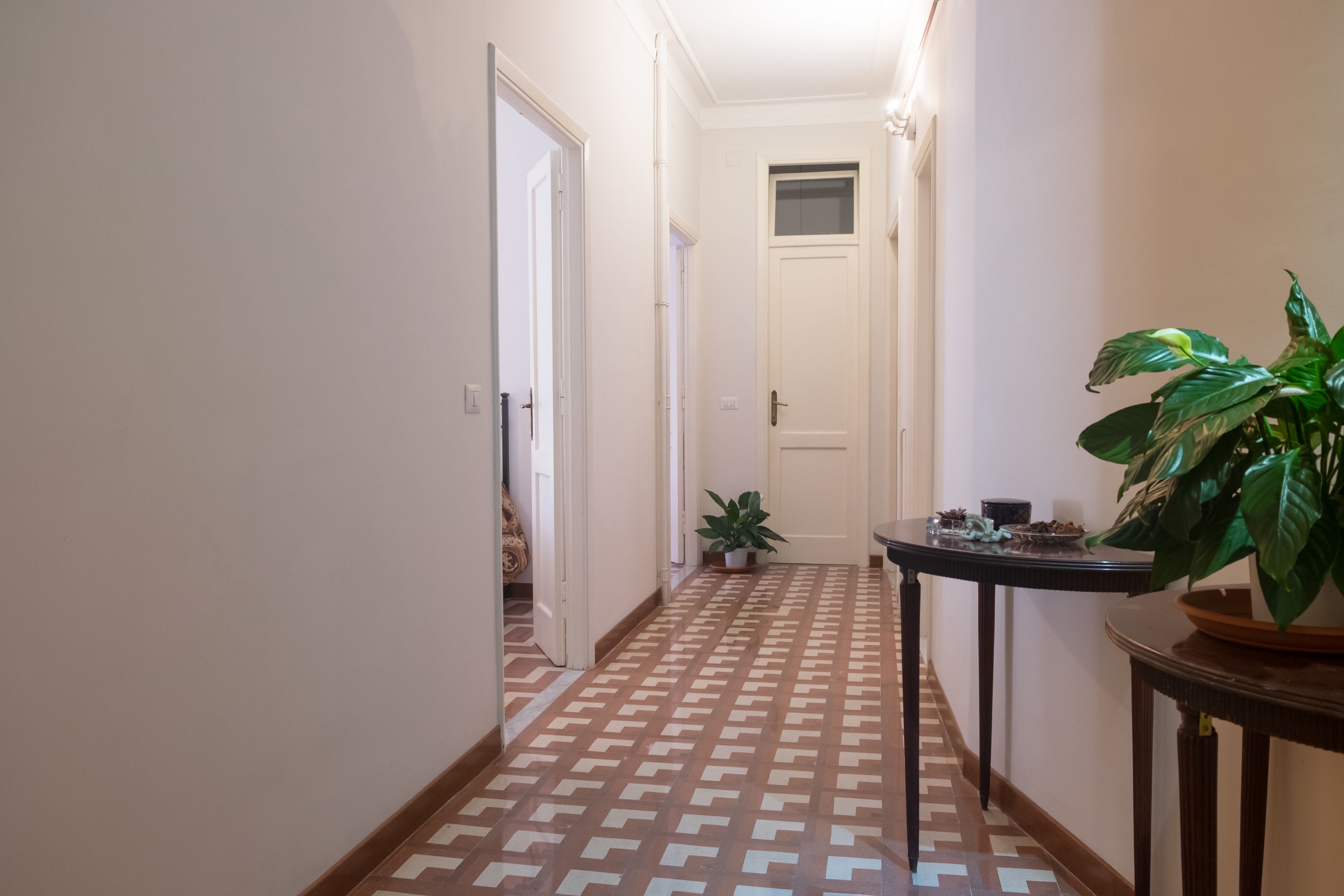 A hallway with patterned flooring, a potted plant, and a small table with items on it.
