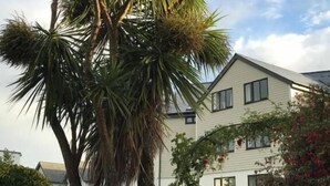 Un edificio residencial con un gran árbol en primer plano, un jardín cuidado y un cielo despejado.