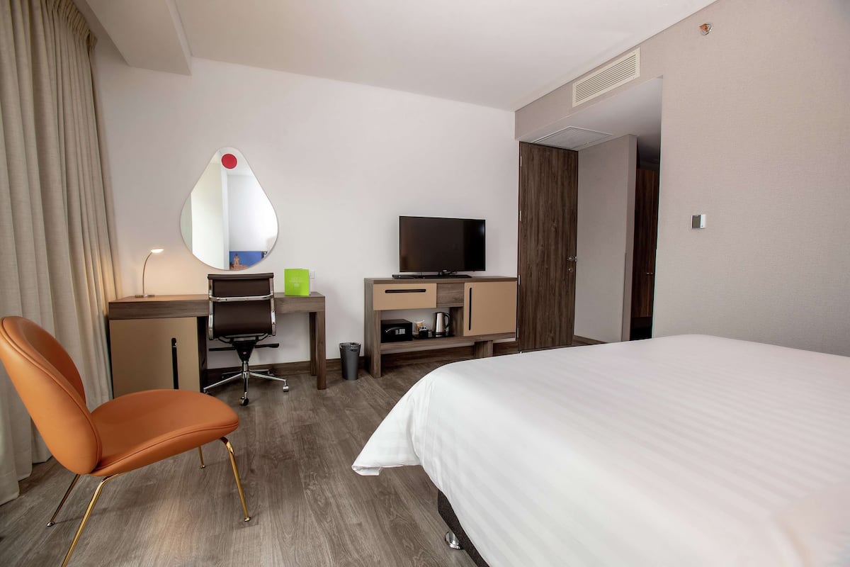 A hotel room with a bed, a desk with a chair, a television, and a mirror.