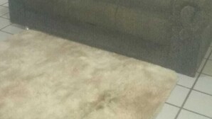 A dark-colored sofa and a light-colored rug on a tiled floor. - Vila Mirante (Campina Grande)