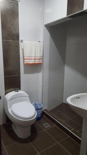 Comfort kamer, 1 twee- of 2 eenpersoonsbedden, meerdere bedden | Badkamer | Een douche, handdoeken, zeep
