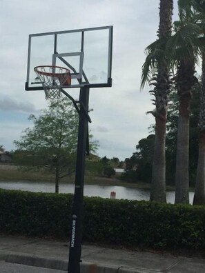 Un panier de basket avec un filet, un poteau et une étiquette indiquant le mot « SILVERBACK ».