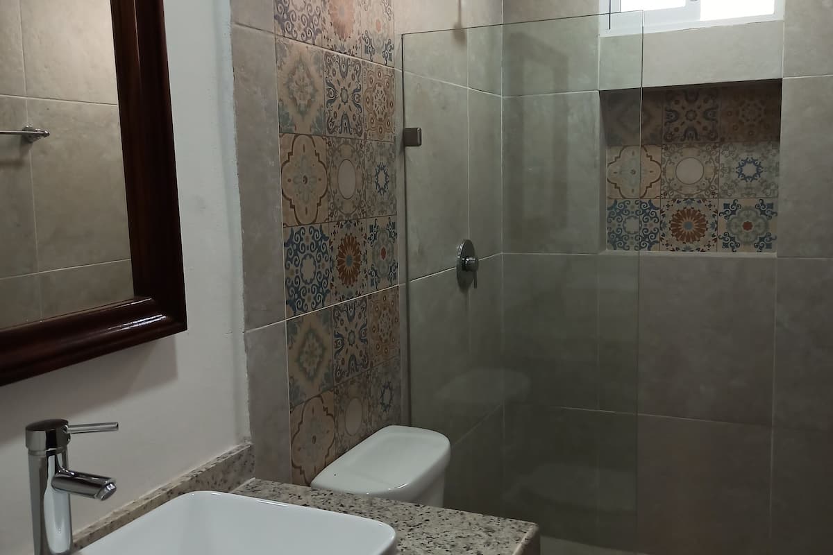 shower, towels, soap, shampoo