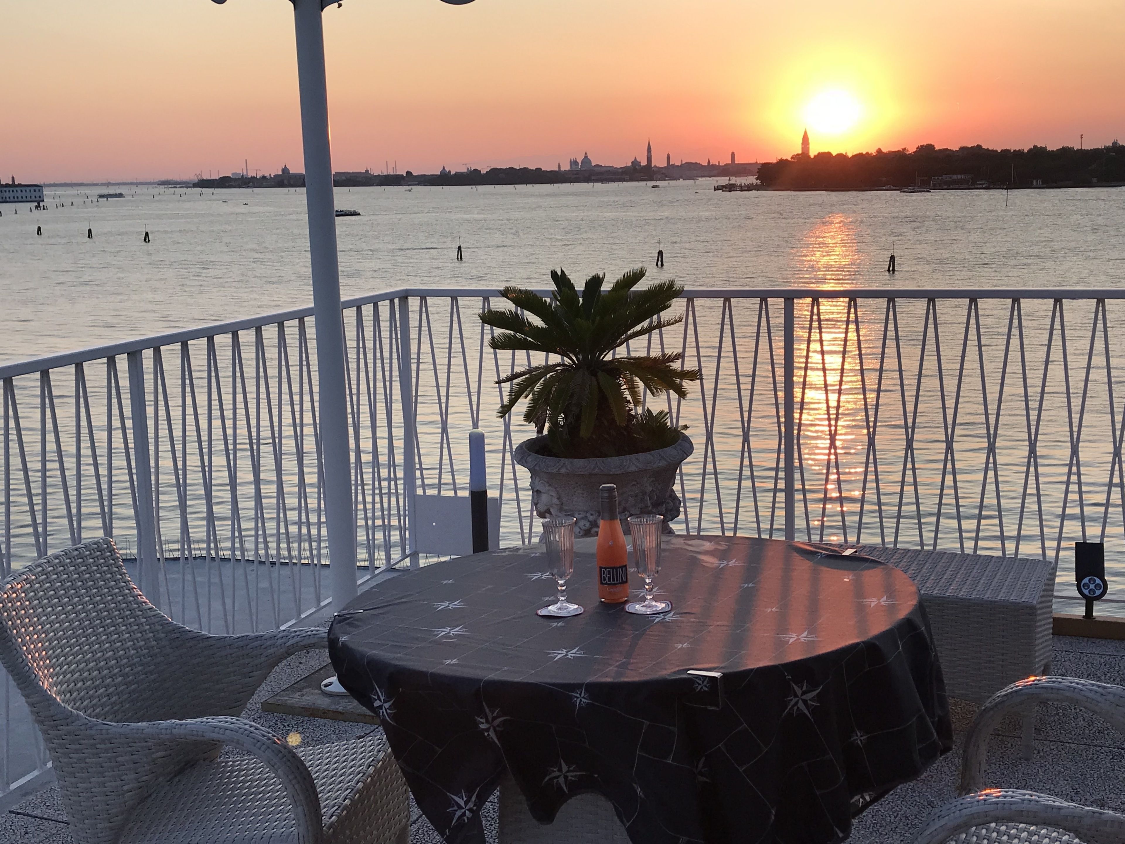 A table with a black tablecloth and a potted plant, set against a backdrop of a sunset over a body of water.