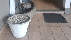 Un pasillo con un hogar de piedra, una maceta grande y una puerta con la etiqueta "ENTRADA".
