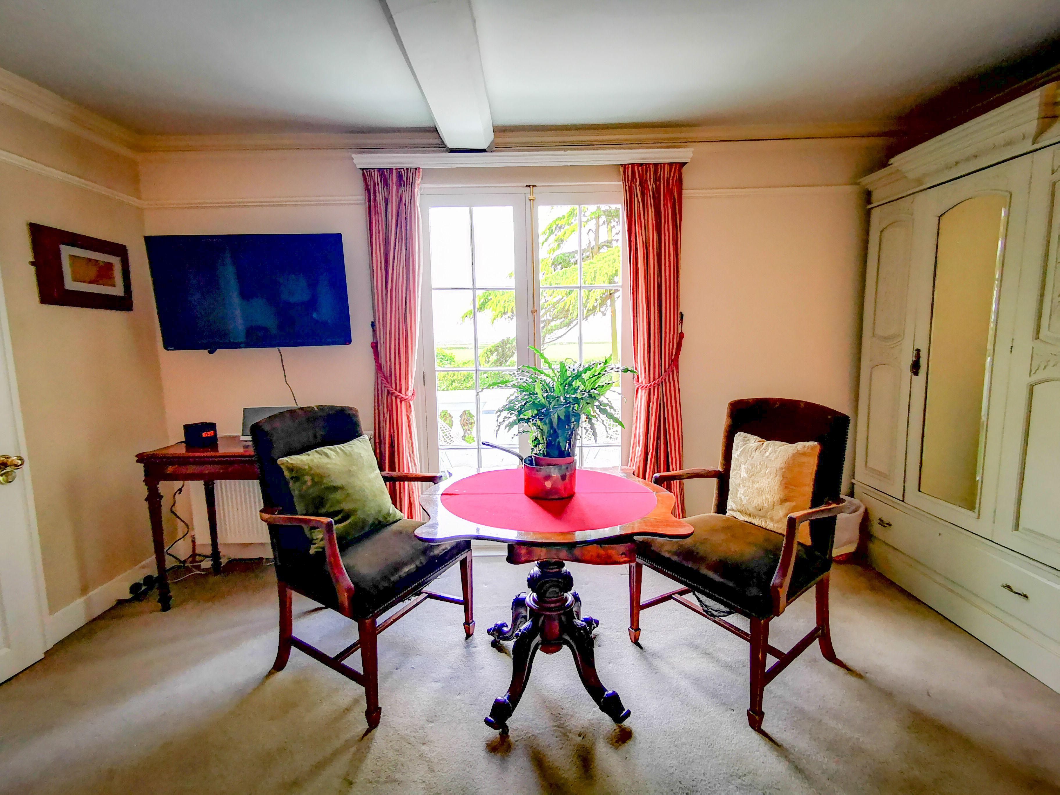 A room with a round table, two chairs, a potted plant, a television, and a cabinet.