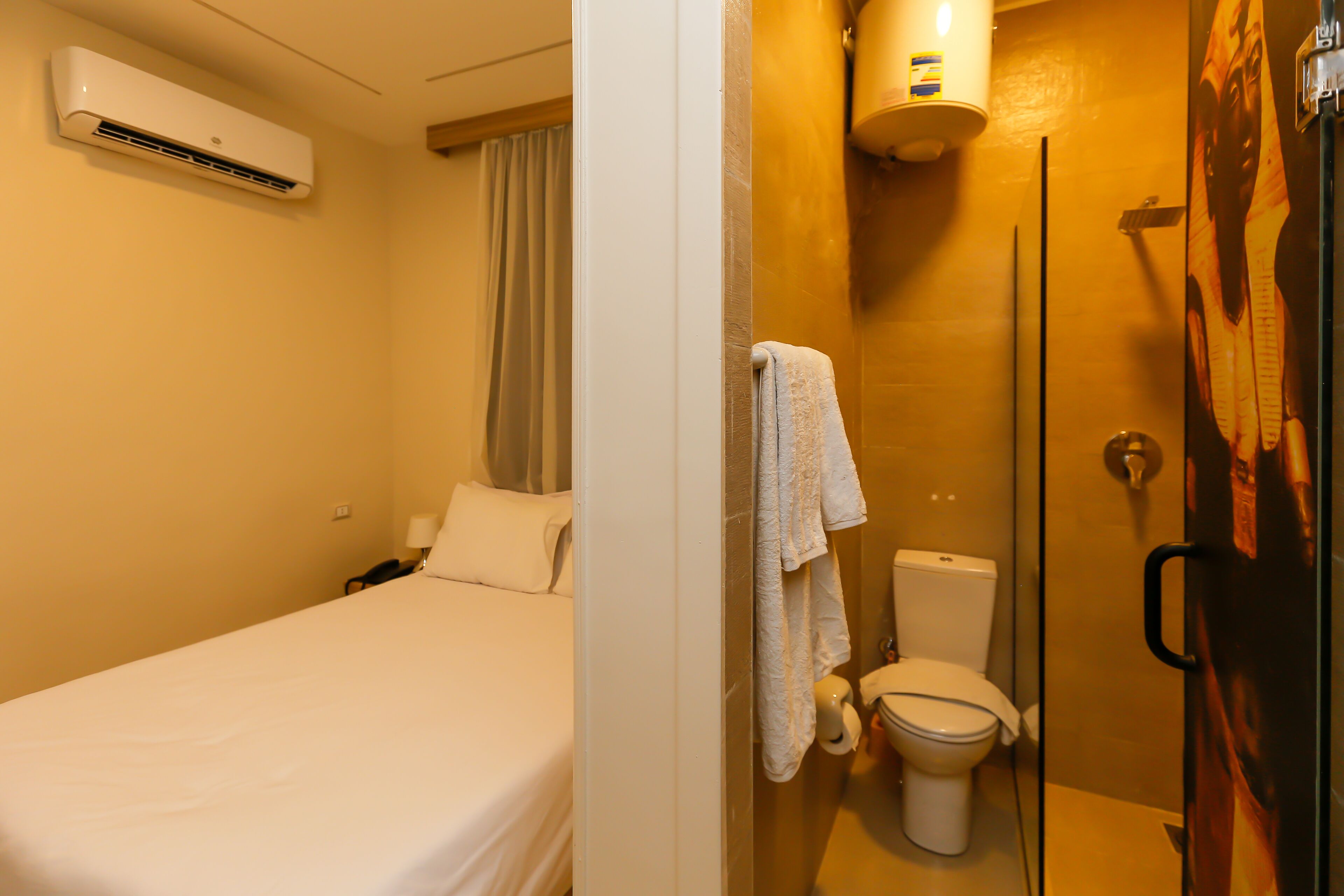 A hotel room with a bed, a toilet, and a shower area.
