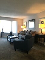 Individually decorated, individually furnished, desk, laptop workspace