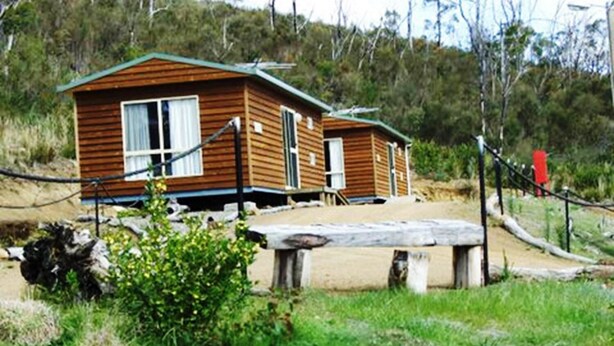 A wooden cabin with a green roof, situated in a natural setting with trees and a hill in the background. - Hobart Bush Cabins (Kingston)