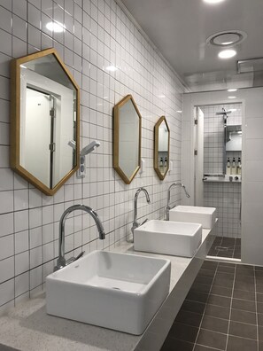 Shared Dormitory, Women only, No Windows (6 persons, Shared Bathroom Outside) | Bathroom | Shower, hair dryer, slippers, bidet - Step Inn Myeongdong 2 - Hostel (Seoul)