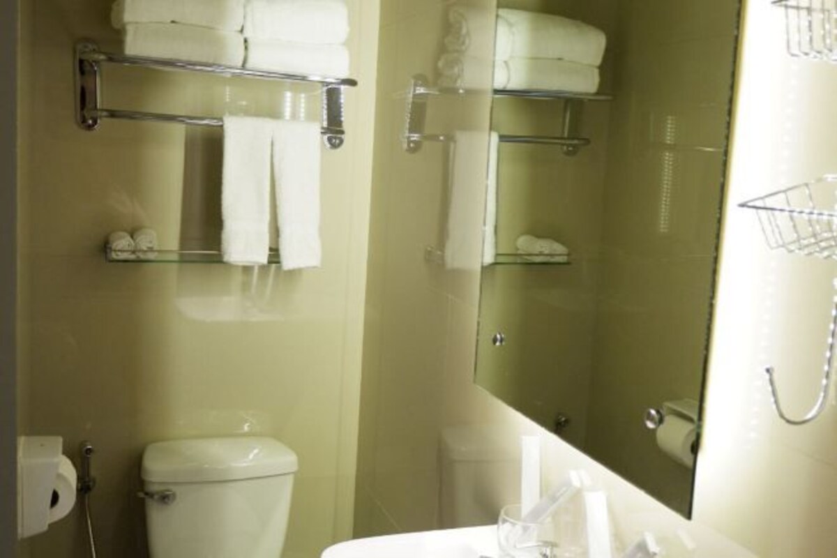 A bathroom with a toilet, a sink, and a mirror. There are towel racks with folded towels.