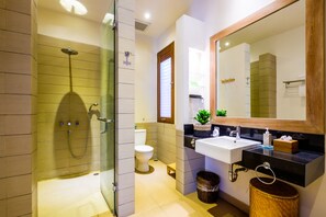 Duş, ücretsiz banyo/kozmetik ürünleri, saç kurutma makinesi, bornoz 