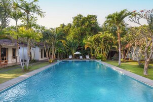 Una piscina rettangolare con superficie d'acqua cristallina, circondata da vegetazione lussureggiante e palme.