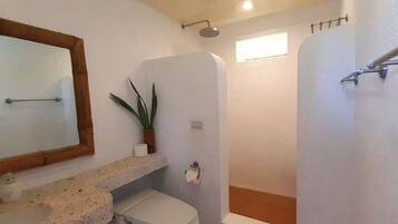 A bathroom with a sink, toilet, mirror, shower, and a potted plant.