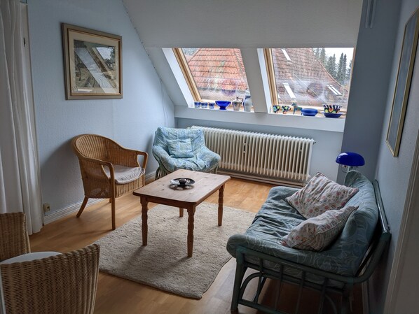 A cozy room with a wooden floor, a blue sofa, a wicker chair, a small table with a cup, and a view of the outside through a skylight.