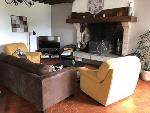 Televisie, een open haard, een dvd-speler en boeken